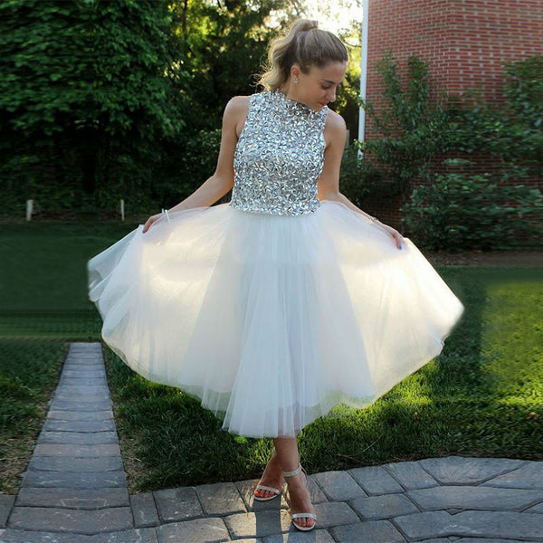 White Cocktail Homecoming Dress, White Beads Dresses