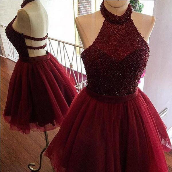 Burgundy Halter Homecoming Dress, Beading A Line Homecoming Dresses