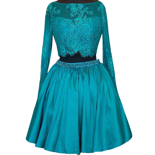 Two Piece Lace Homecoming Dress, Long Sleeve Homecoming Dress with Beaded Belt