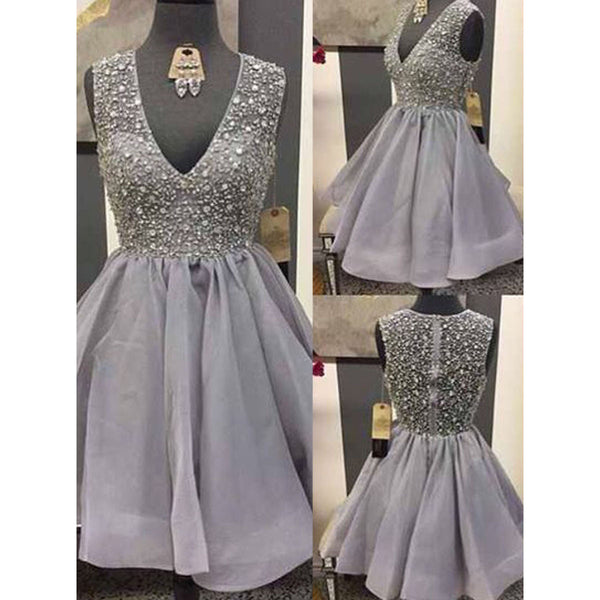 V-neck Gray Homecoming Dresses, Short Homecoming Dresses with Sparkly Beads