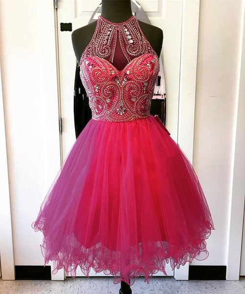 Chiffon Crystal Red Sweetheart Halter Homecoming Dress