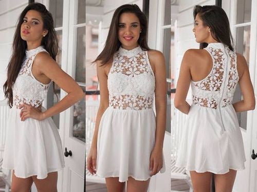 Lace Chiffon Cute White Halter Homecoming Dress