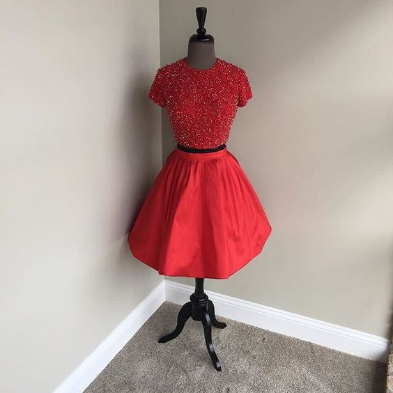 A Line Homecoming Dress, Red Beads Two Piece Homecoming Dress