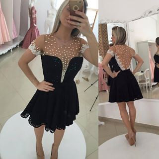 Beads Lace Short Homecoming Dress , Black Deep V Neck Open Back Homecoming Dress