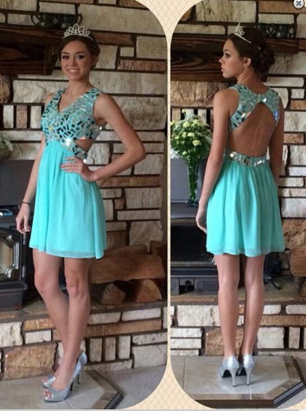 V Neck Crystals Homecoming Dress, Open Back Backless Homecoming Dresses