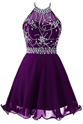 Beads Chiffon Short Sexy Purple Halter Homecoming Dress
