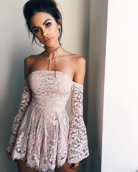 Long Sleeve Lace Short Sexy Baby Pink Homecoming Dress Hoprom Long Sleeve Lace Short Sexy Baby Pink Homecoming Dress Hoprom