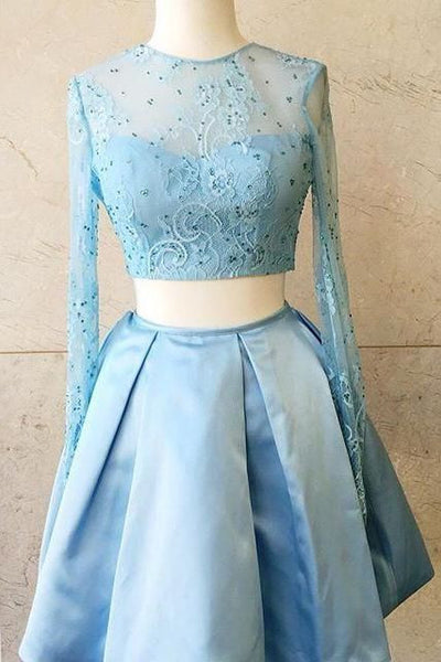 Two Pieces Long Sleeve Baby Blue Beads A Line Homecoming Dress