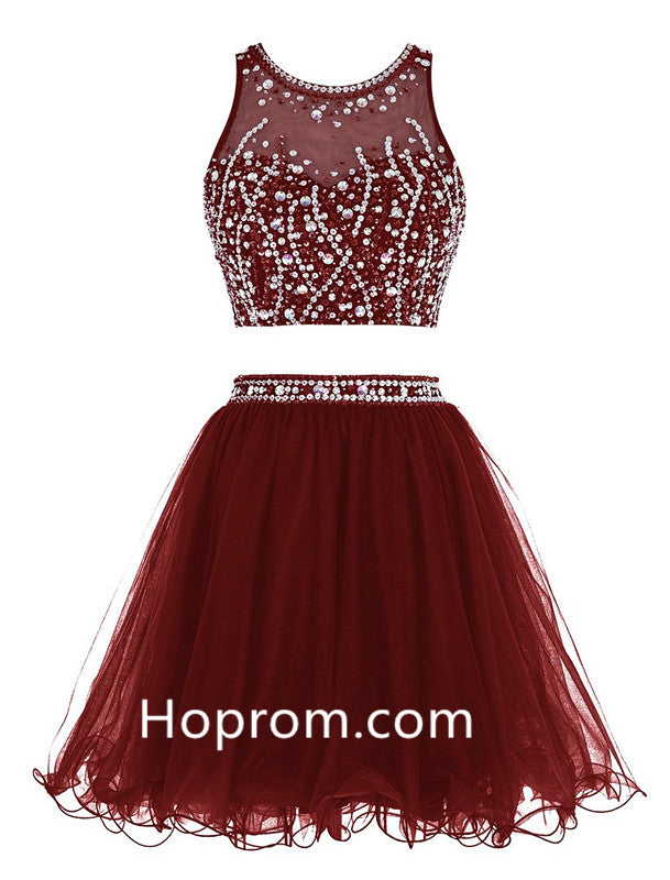 Two Pieces Sexy Homecoming Dress, Burgundy Chiffon Homecoming Dresses