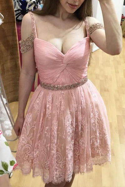 V Neck Beads Lace Sexy Short Baby Pink Homecoming Dress