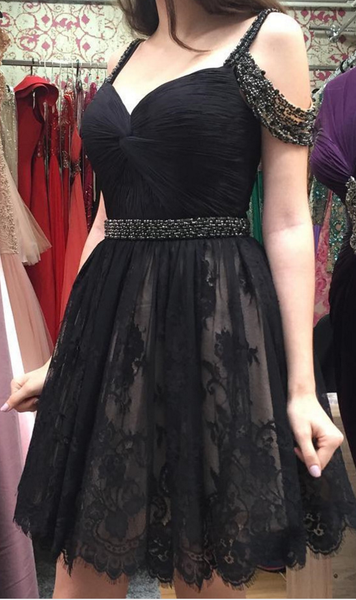 Beads Lace Sexy Short Black V Neck Homecoming Dress