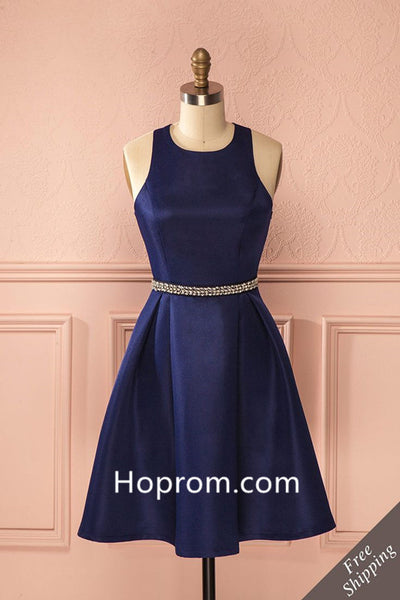 Beadings Stapless Homecoming Dress, Navy Blue Sexy Homecoming Dresses