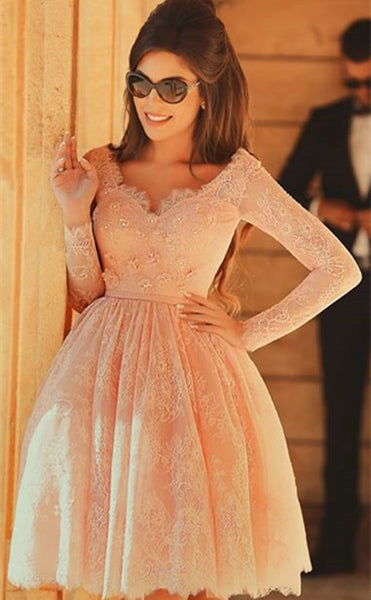 Pink Lace Homecoming Dress, Long Sleeve Homecoming Dresses