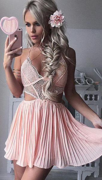 V Neck Chiffon Homecoming Dress， Baby Pink Two Pieces Sexy Homecoming Dress 2017
