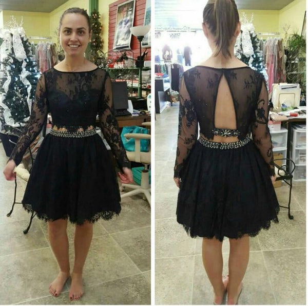 Long Sleeve Black Lace Homecoming Dress, Two Piece Homecoming Dresses