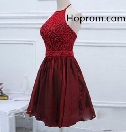 Burgundy Halter Open Back Homecoming Dress, Beadings Homecoming Dress