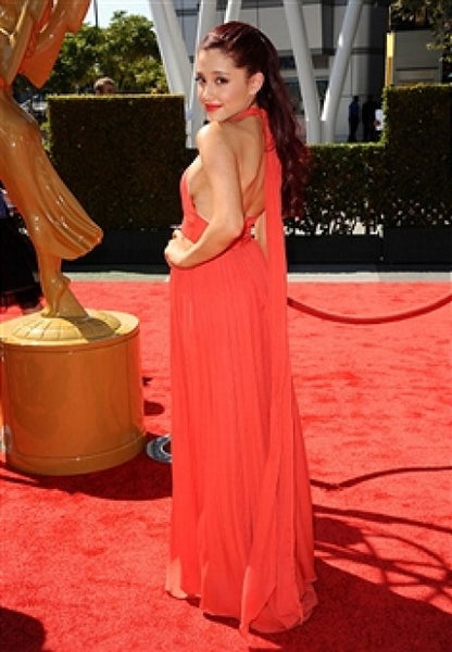 Red Ariana Grande Criss Cross Halter Neck Keyhole Dress Chiffon Prom Red Carpet Formal Dress Primetime Creative Arts