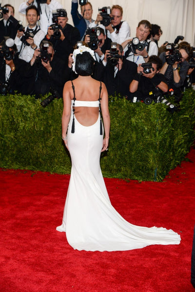 White Selena Gomez Sexy Open Back Straps Dress Long Prom Red Carpet Formal Dress Met Gala