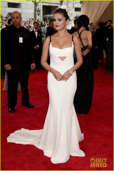 White Selena Gomez Sexy Open Back Straps Dress Long Prom Red Carpet Formal Dress Met Gala