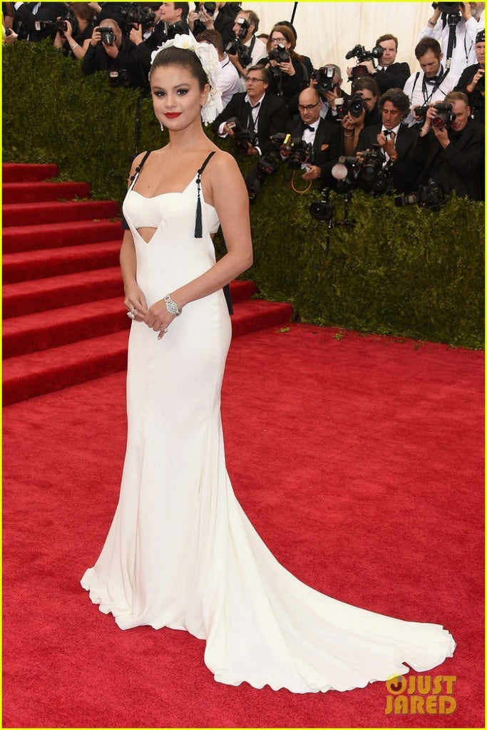 White Selena Gomez Sexy Open Back Straps Dress Long Prom Red Carpet Fo – Hoprom