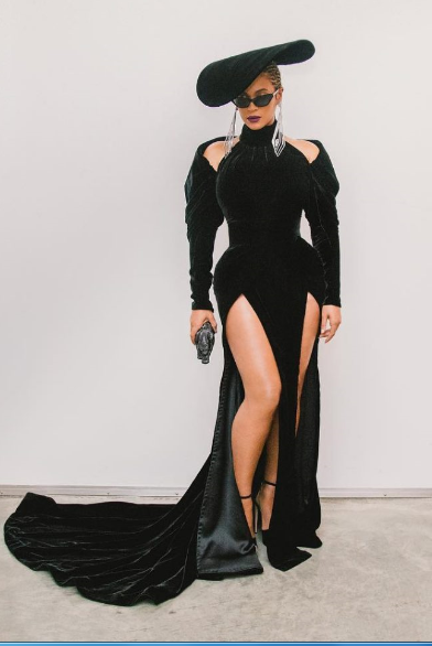 Black Beyonce Knowles Double Slit Dress Velvet Prom Celebrity Formal Dress Grammy Awards Online