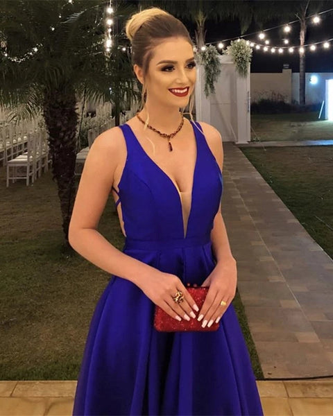Plunge Neck Blue Prom Dress Backless Evening Formal Dresses