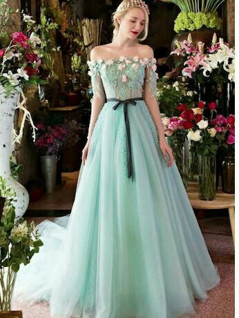 Short Sleeve Off Shoulder Floral Prom Dresses Beading Formal Evening Dress