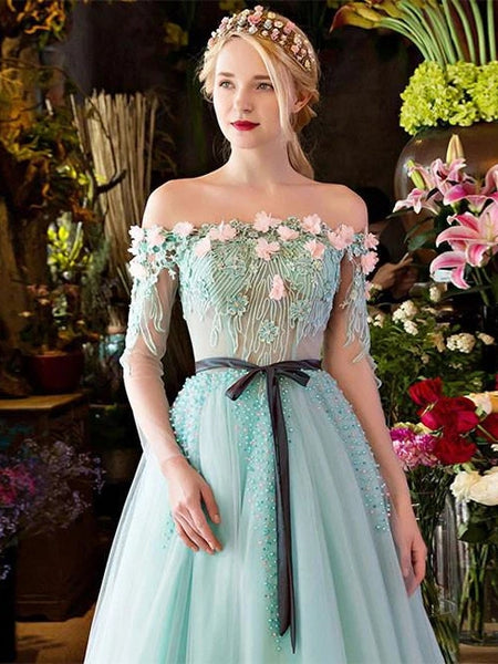 Short Sleeve Off Shoulder Floral Prom Dresses Beading Formal Evening Dress