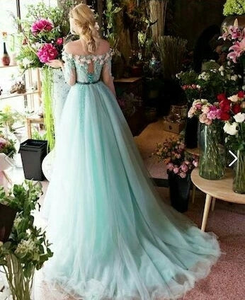 Short Sleeve Off Shoulder Floral Prom Dresses Beading Formal Evening Dress