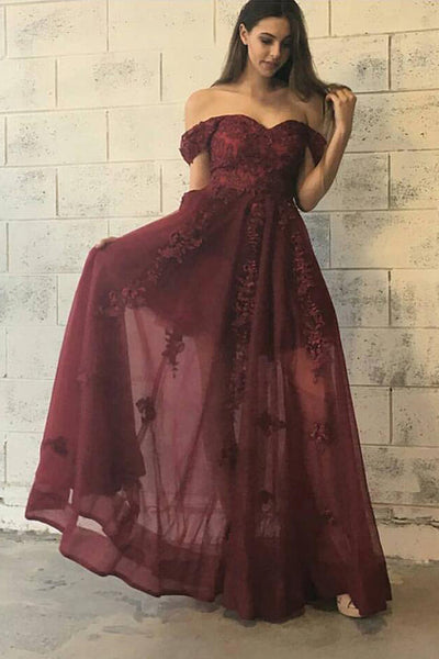 Modest Off-the-shoulder Long Burgundy Chiffon Prom Dress with Lace Appliques