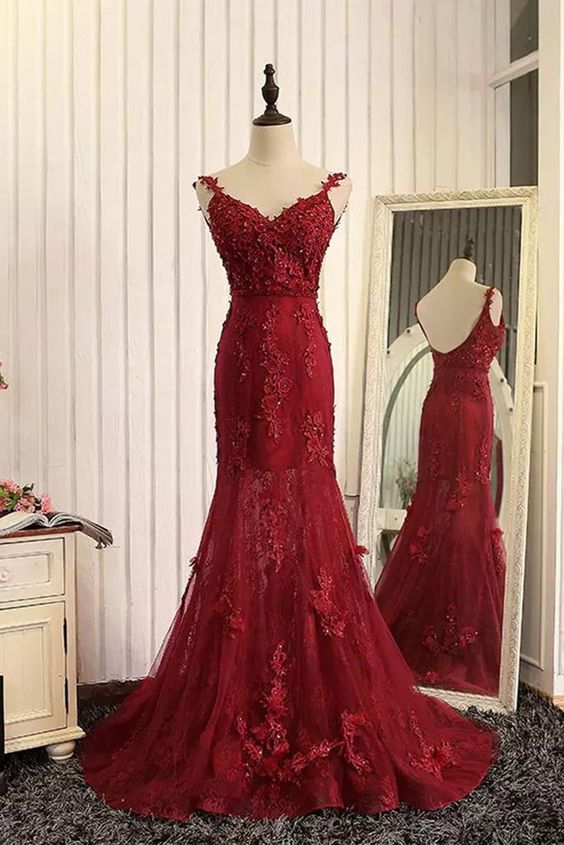 Red organza lace applique v-neck open back long prom dresses, mermaid Hoprom Red organza lace applique v-neck open back long prom dresses, mermaid Hoprom