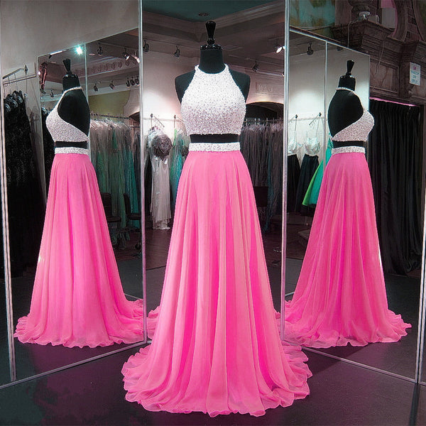 Sexy Open Back Prom Dress,Two Piece Graduation Dress,Beaded Party Dress,Two Piece Prom Gown