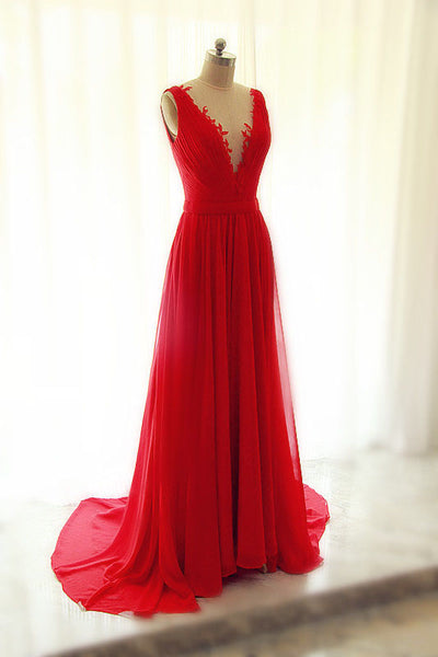 Full Length Red Prom Dress,Sexy Open Back Prom Dresses,A line Chiffon V-back Red Evening Dress