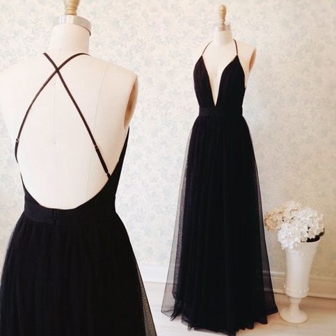 Black Spaghetti Straps Prom Dress,Open Back Graduation Dresses