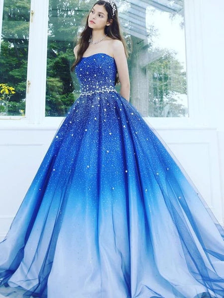 Strapless  Beaded Ombre Prom Dresses Elegant Evening Dress