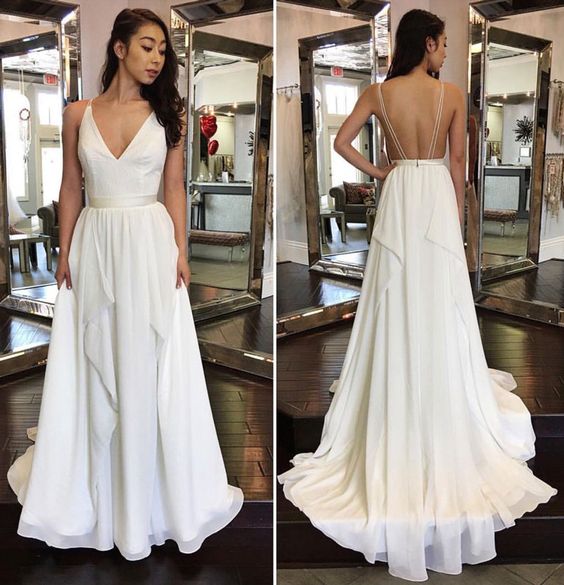 Sexy V Neck White Chiffon Long Prom Dress, Backless Prom Dress