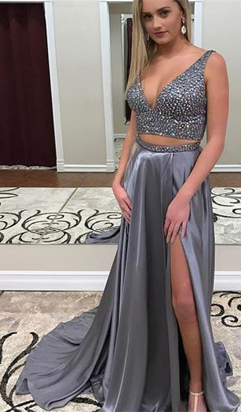 Deep V-neck Silver Crystal Prom Dress