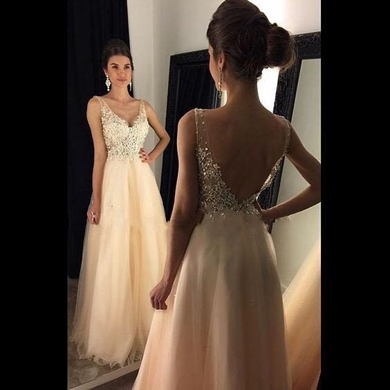 Champagne Lace Applique V-neck Prom Dress