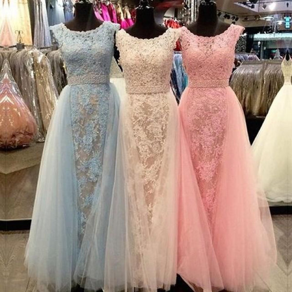 Cute Scoop Cap Sleeves Lace Tulle Prom Dress with Pearls