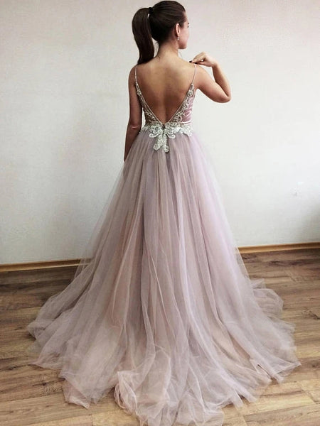 Spaghetti Straps Sexy Prom Dress Open Back Rhinestone Evening Dresses