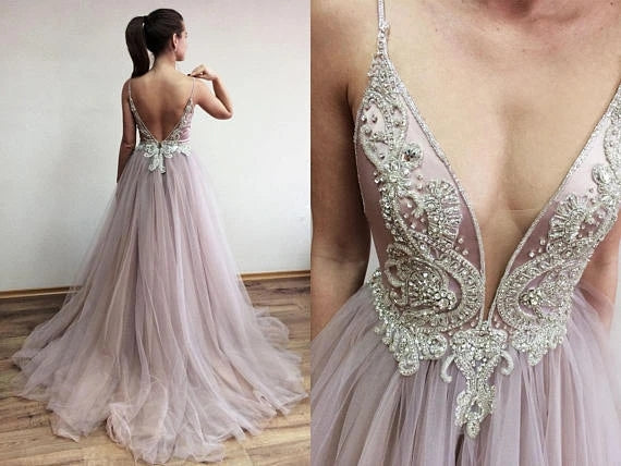 Spaghetti Straps Sexy Prom Dress Open Back Rhinestone Evening Dresses