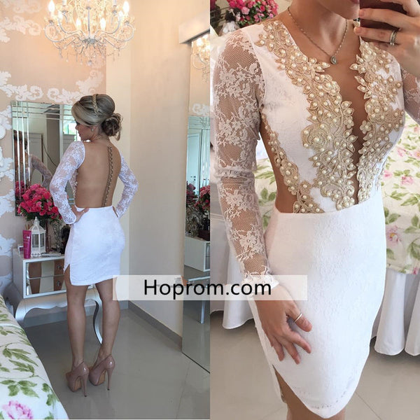 White Backless Long Sleeves Homecoming Dress, Lace Beadings Homecoming Dress