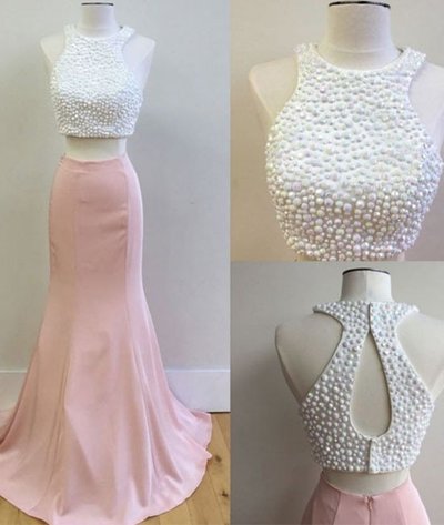 Cute Two Piece Beading Prom Dress, Mermaid Prom Dress