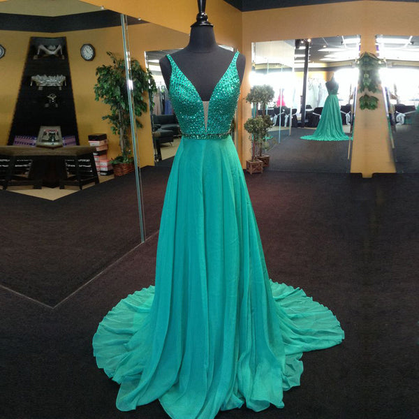 Long Straps Green V-neck Crystal Prom Dress Evening Dresses