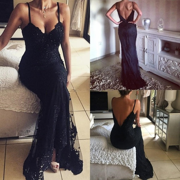 Charming Appliqued Tulle Long Prom Dresses,Black Prom Dresses
