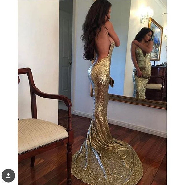Gold Sequin Open Back Sexy Prom Dress