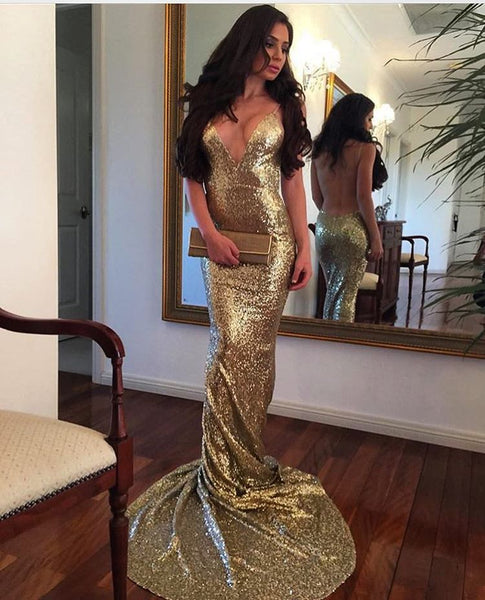 Gold Sequin Open Back Sexy Prom Dress