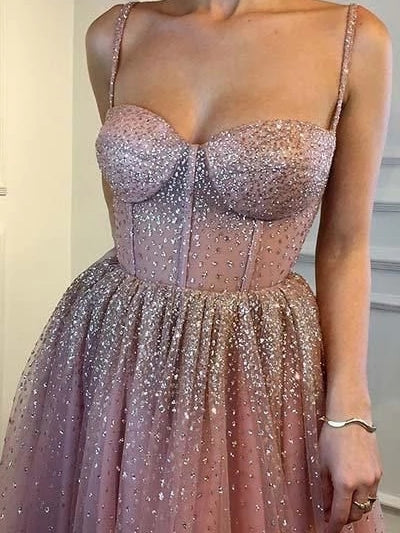 Spaghetti Straps Bling Sexy Prom Dresses Sparkly A LIne Evening Dress