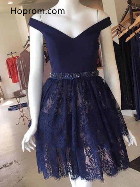 Short Prom Lace Homecoming Dress, Navy Blue Dress