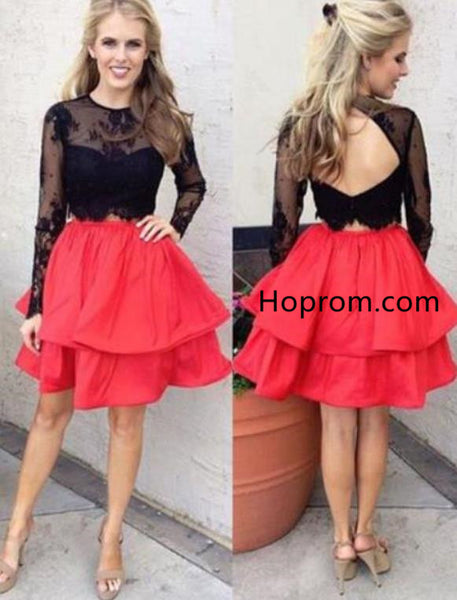 Two Piece Homecoming Dress, Long Sleeves Black Lace Dress